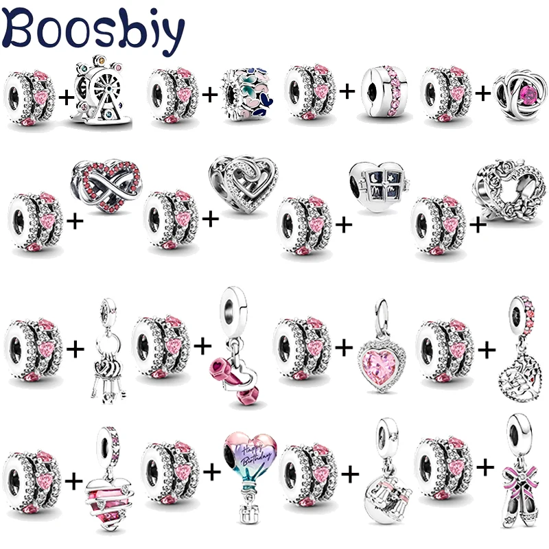 2Pc/Lot Pink Shining Sincere Three Rings Heart Bead W/ Pendant Fit Brand Charm Bracelet & Necklace For Women Jewelry Making Gift