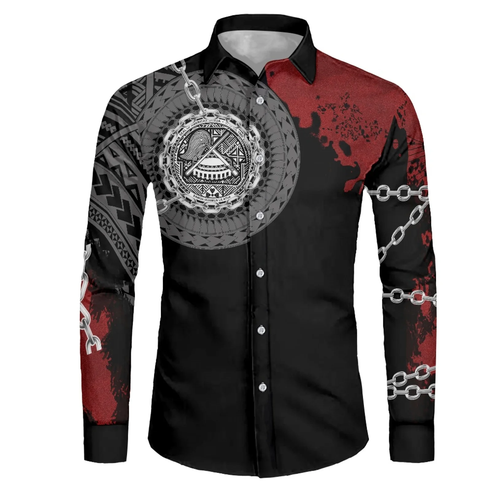 

American Samoa 6XL Long Sleeve Buttons Men's Shirt Polynesia Tribe Mens Shirt Frangipani Print Stand-up Collar Fall Shirt