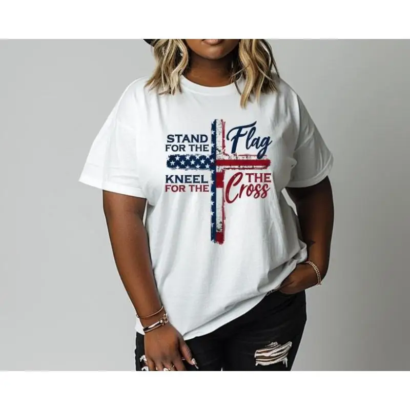 

Stand For The Flag Kneel For The Cross Tee - Soft Breathable Cotton Unisex Fit Faith Freedom Statement Shirt For 4th Of July Eve