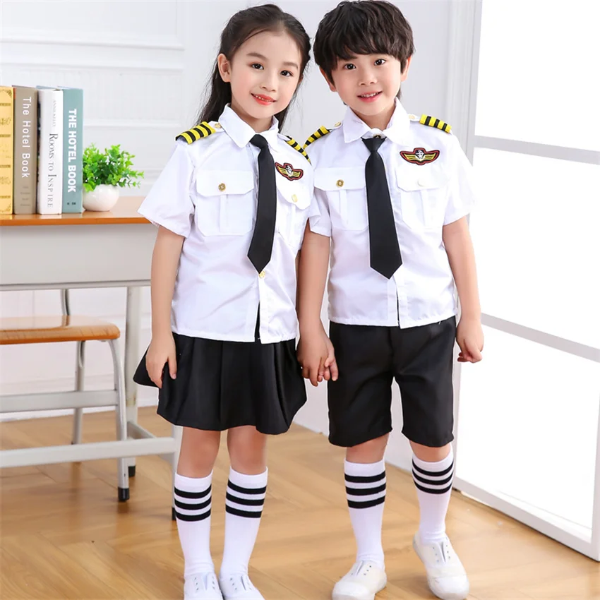 Flight Attendent Cosplay Costumes For Children Halloween Party Aircraft Pilot Uniforms Kids Performance Profession Class Wear