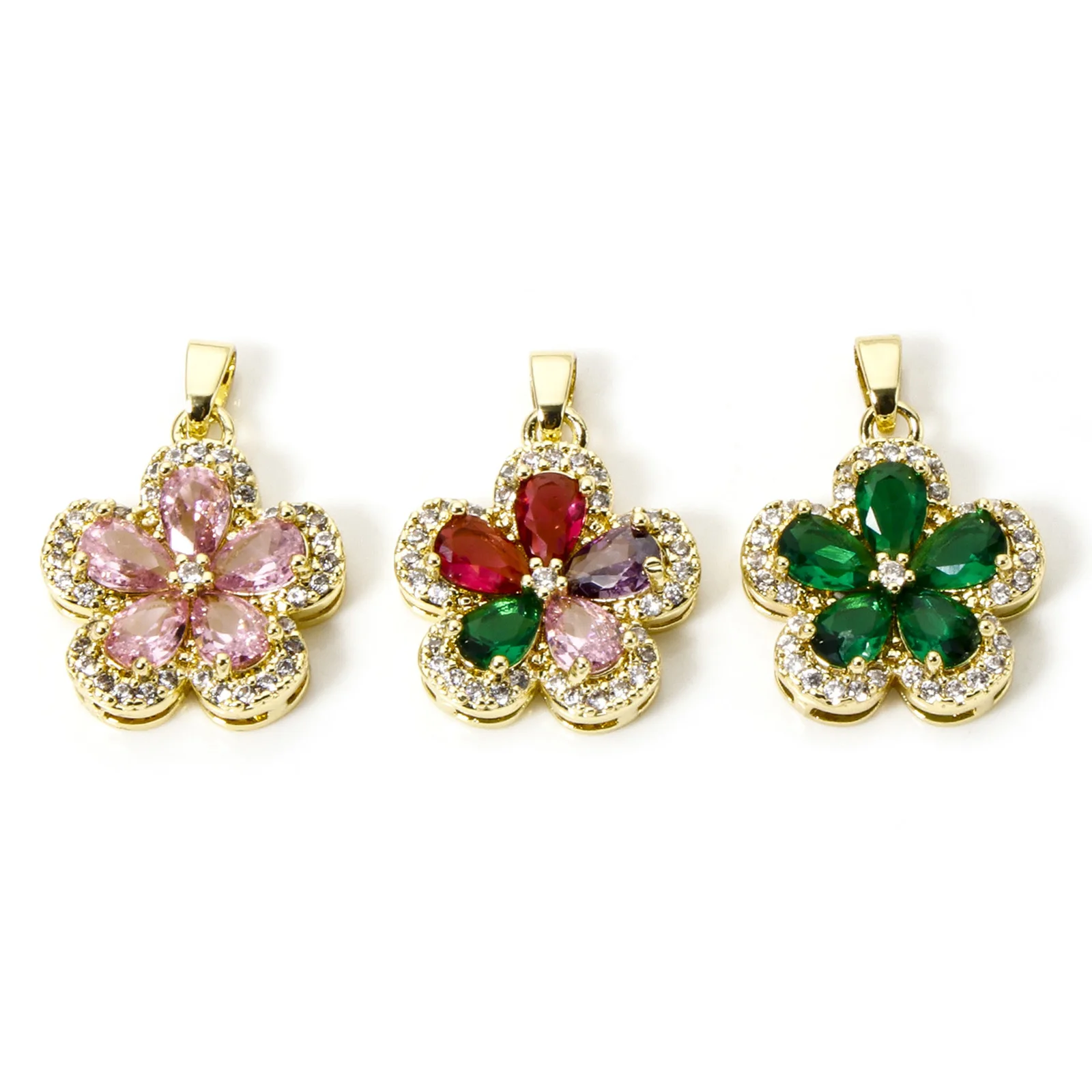 1pc Messing Charms Gold Farbe Blume Mehrfarbige Zirkonia Strass Anhänger Für Frauen DIY Halskette Schmuck Erkenntnisse 24x17mm