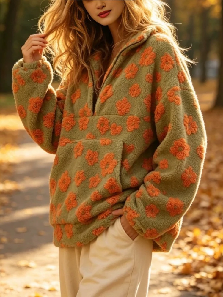 Women Casual Fleece Flower Pullover Hoodie Autumn Winter New Fashion Loose Sweatshirt Warm Furry Half ZipStyle Sweaters Tops