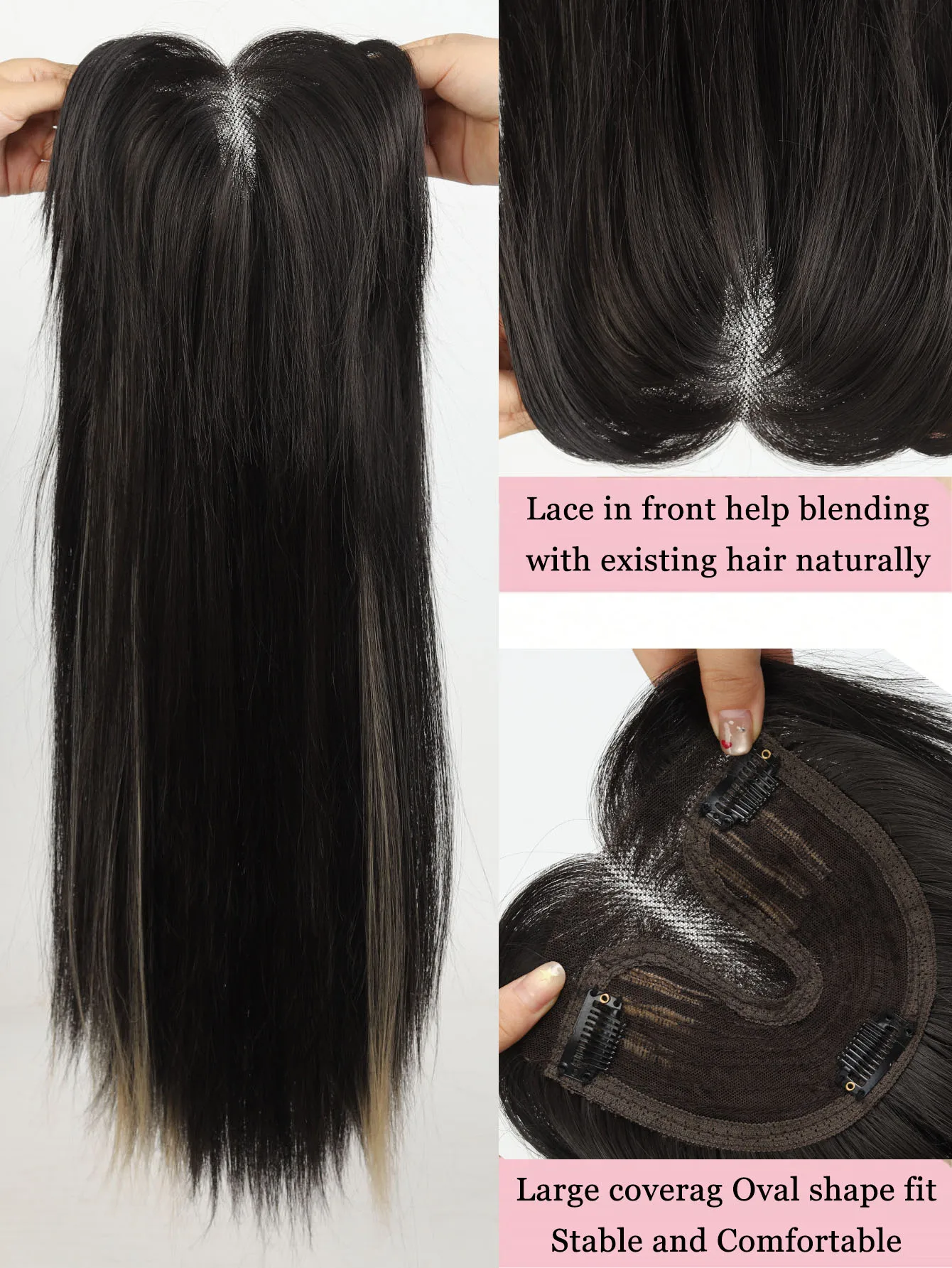 LM 22 Inch 360° Bangs Clip-In Synthetic Hair Extensions Layered Long Straight Wig Natural Volume Increase for Thin Hair Women