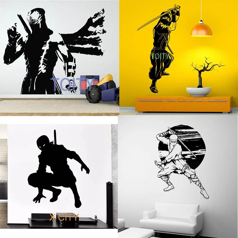 Black Wall Decal Japan Samurai Ninja Shadow Silhouette Sticker Removable Vinyl Transfer Stencil Mural Home Room Decor