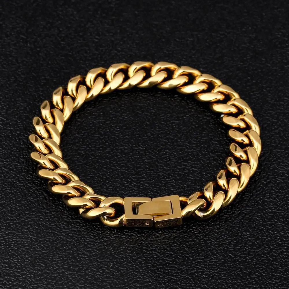 6-16mm Gold Color 316L Stainless Steel Curb Cuban Link Chain Bracelet Bangle Jewelry 7-9inch for Men Women