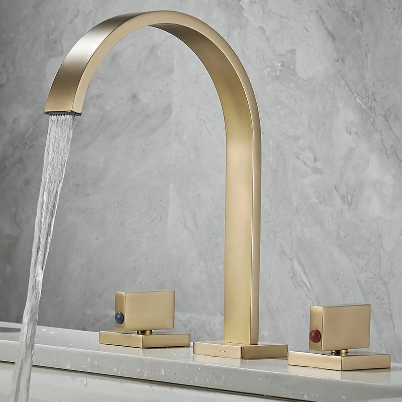 

Brushed Gold Bathroom Basin Faucet Square Brass Bathroom Sink 3 Hole Double Handle Hot and Cold Deck Mounted Water Tap
