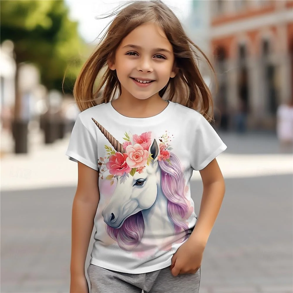 Girls' T-Shirt Animal Baby Girl T-Shirt 3d Print Horse Cartoon Cat Funsummer Casual Comfortable Breathable Short Sleeve