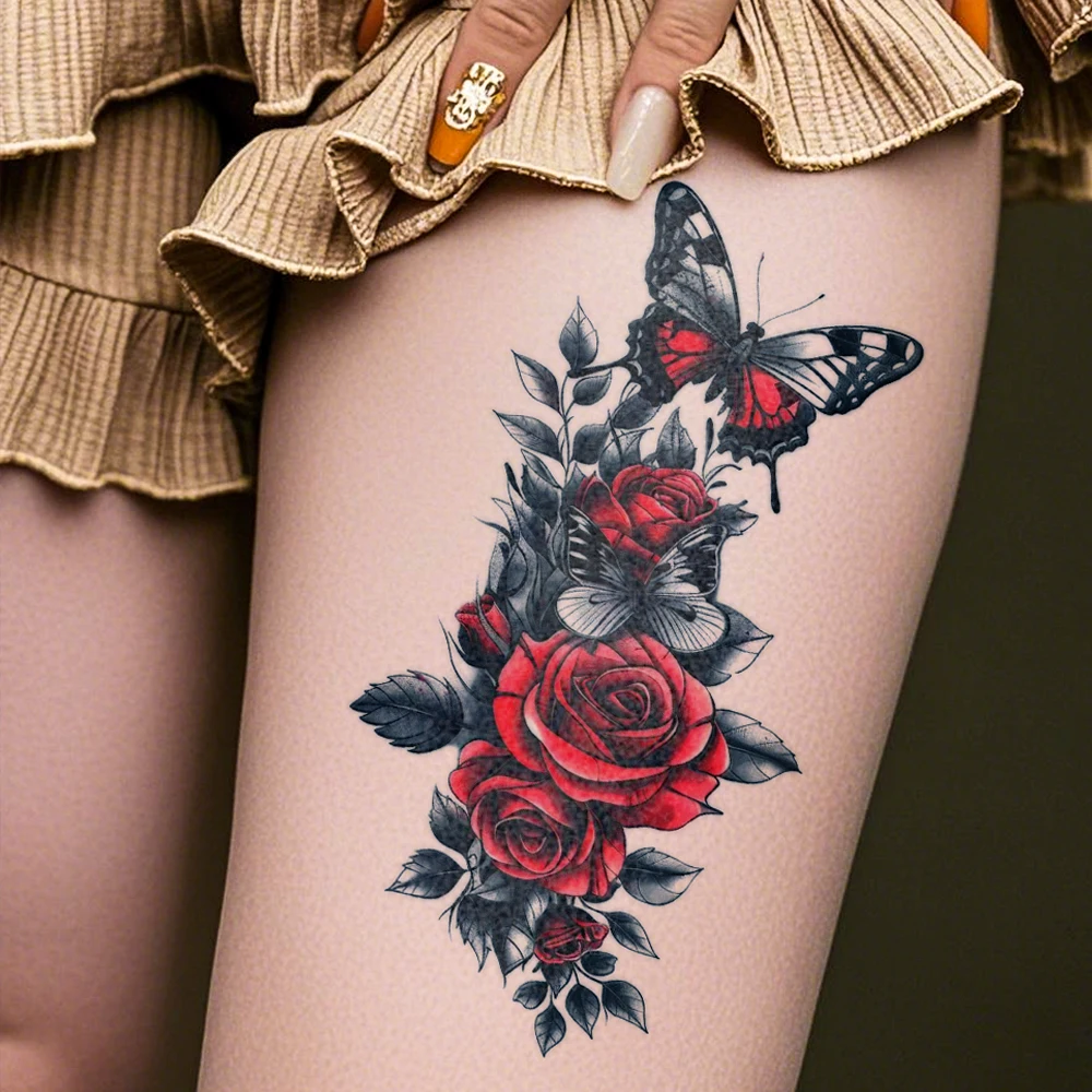 4pcs Waterproof Temporary Tattoo Sticker Dark Style Butterfly Red Rose Flowers Leaves Body Art Arm Fake Tattoos Sleeve Women Men