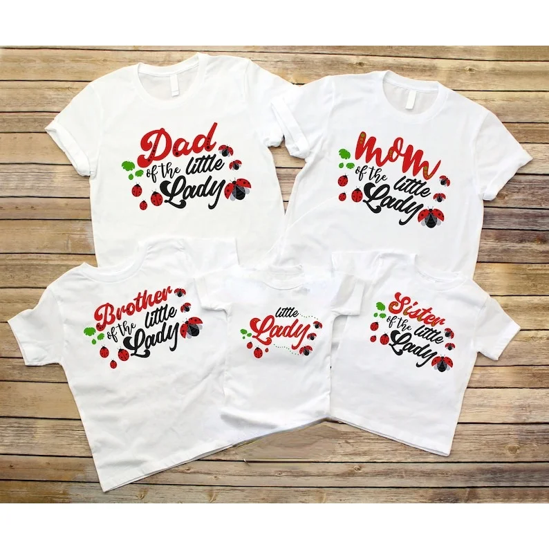 Ladybug Themed Birthday Family Shirts Little Lady Birthday Party Clothes Funny Family Matching Outfits Dad Mom Sis Bro T-shirt