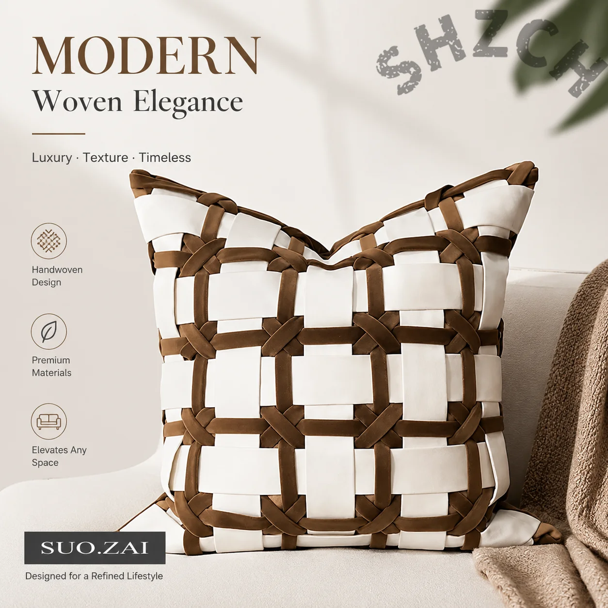 Luxury Woven Pillow Cover in Soft Coffee Tone – Elegant Living Room, Bedroom & Sofa Decor