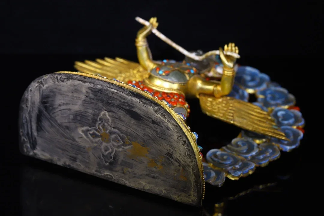 

11"Tibetan Temple Collection Old Natural Crystal Outline in gold Mosaic Gem Painted Garuda Dhwaja Buddha Backlight Worship Hall