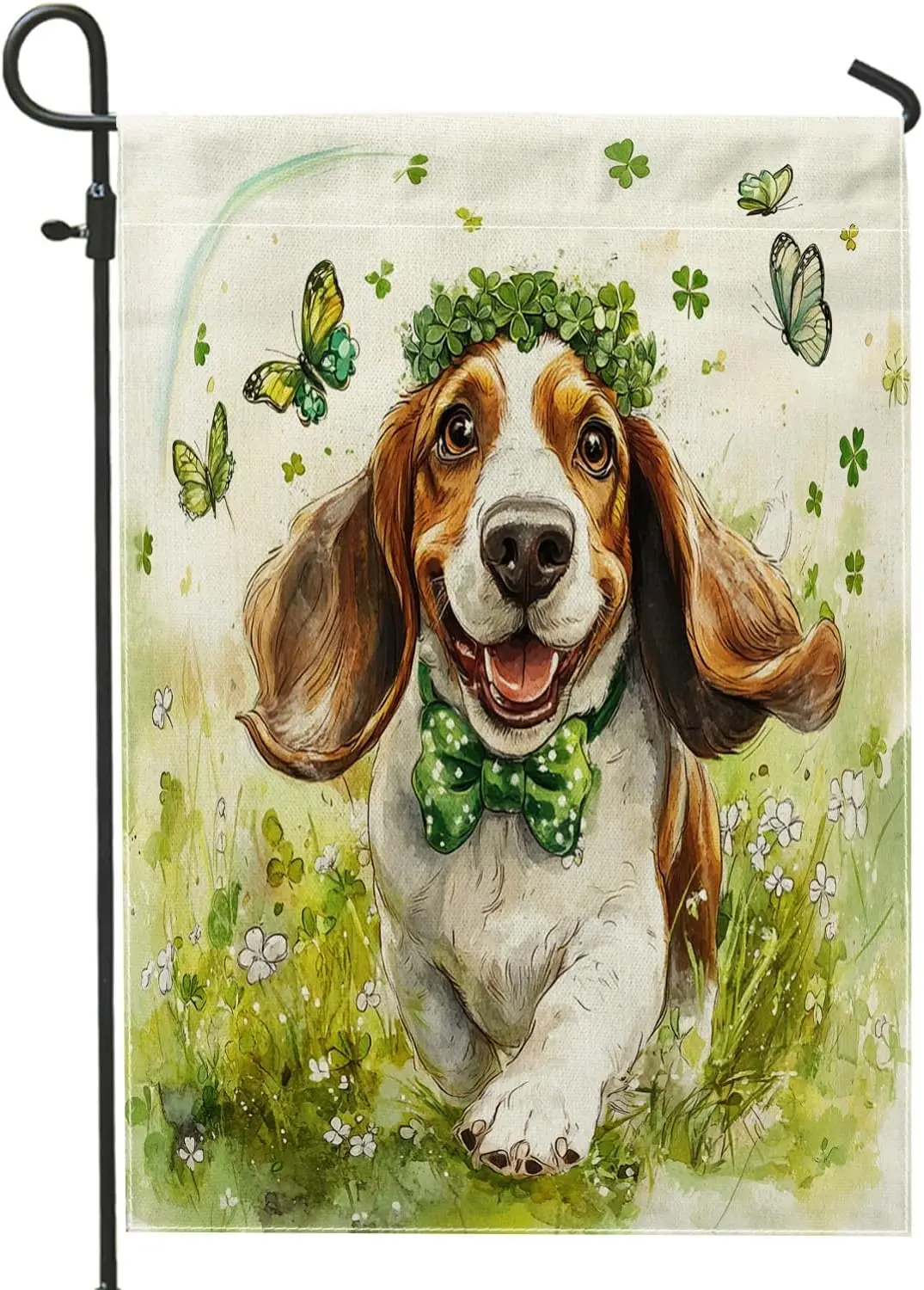 St Patricks Day Basset Hound Dog Garden Flags 12”x18” Double Sided for Outside, Cute Plant Front Yard Small Canvas House Fla PPM
