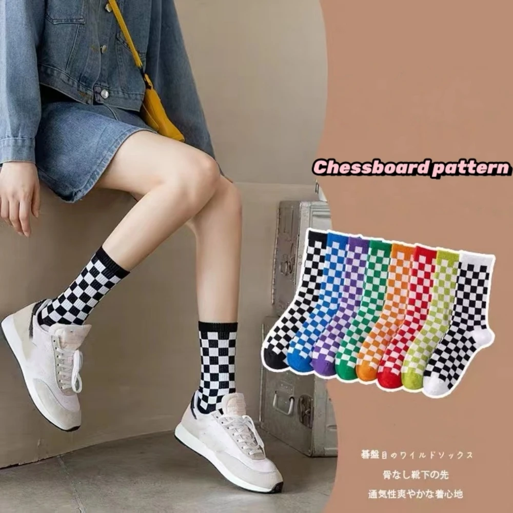 Women Socks Checkboard Harajuku Street Fashion Black Square Partner Street Sport Print Skateboard Sock Hip Hop Men/Women Sock 8#