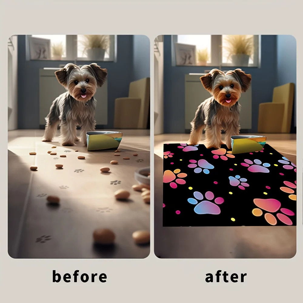 Non-Slip Pet Feeding Mat with Colorful Paw Prints Soft, Quick-Dry Leather Easy To Clean, Square Cat  Dog Food Pad