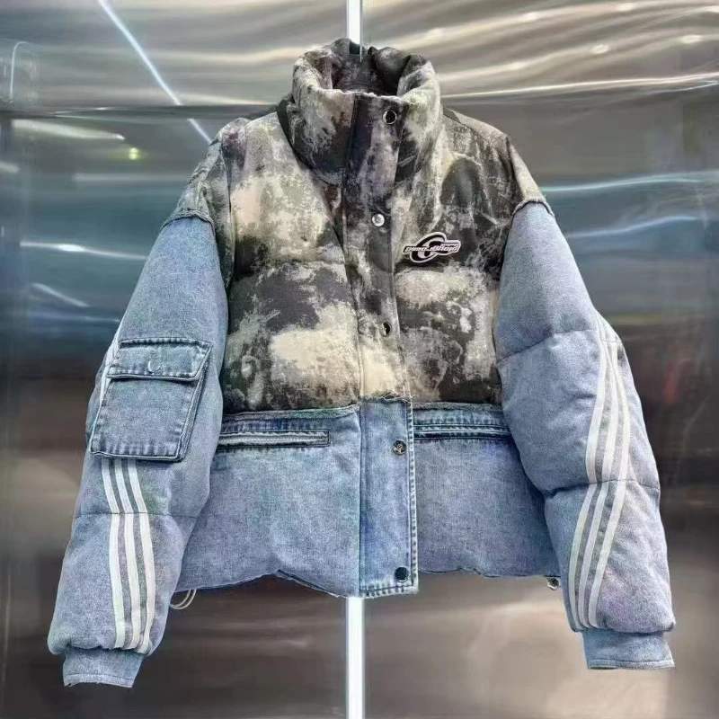 Damska kurtka puchowa na zimę 2025, ocieplana, modna, casualowa, parka z denimowymi przeszyciami, nowa, z odpinanym kapturem, 90% biały puch kaczki.