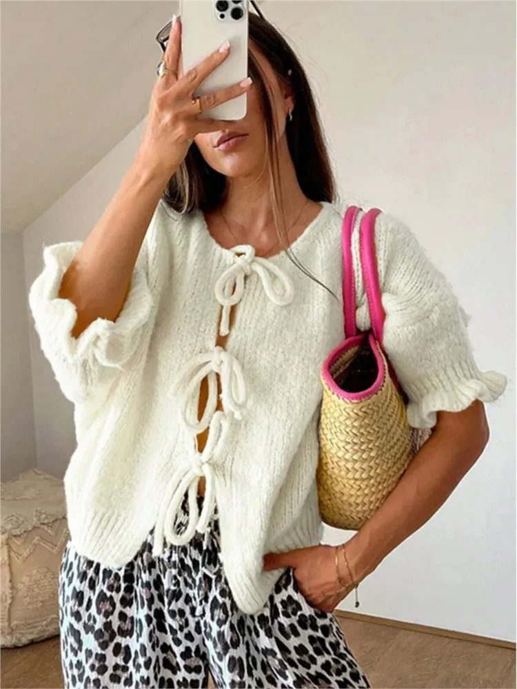 Luie stijl gebreide holle vest top met veters, nieuw product ronde hals negen kwart mouw trekkoord gebreide trui jas