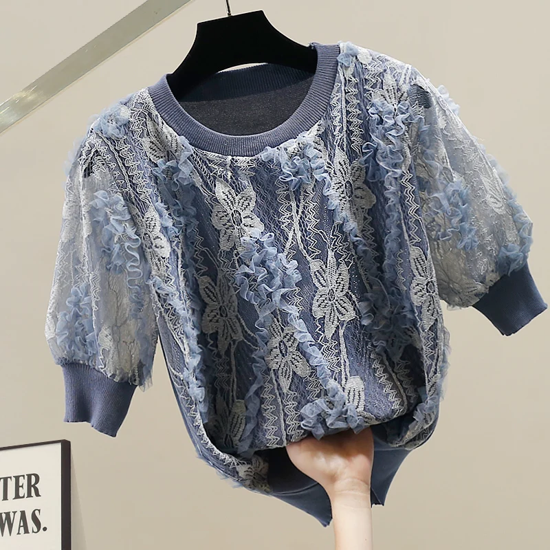 

Korean Sle Heavy Embroidery Me Splice Knitted Top Bubble Sve round Ne ort Slim Fit Overhead irt Faionable New ...