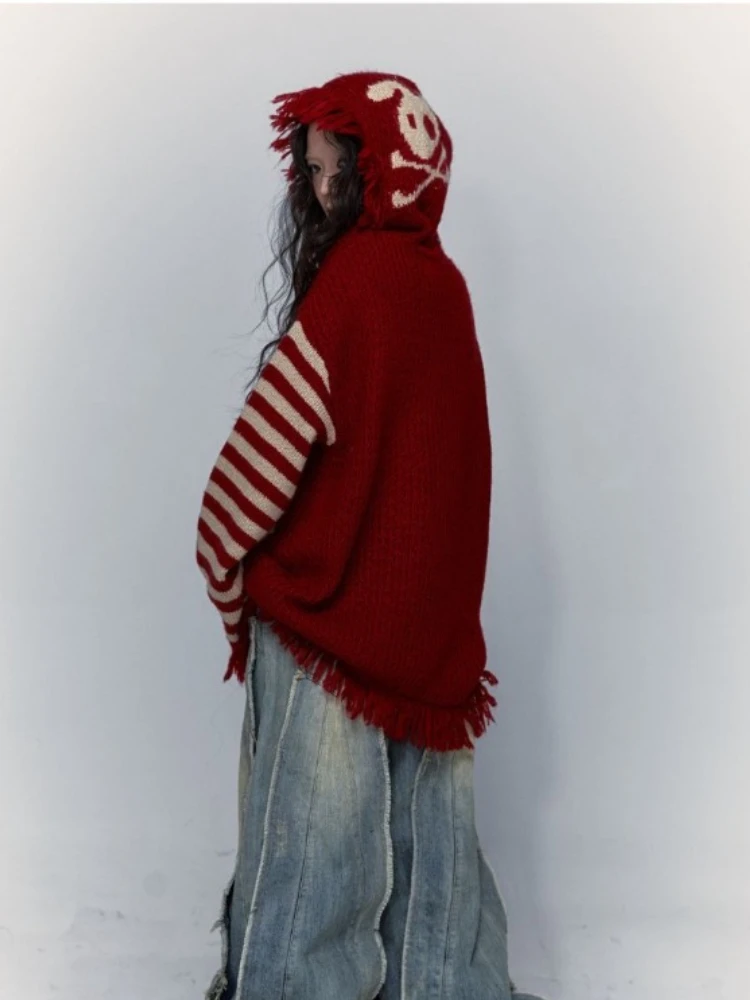 Y2K Punk Skull Hooded Sweater Women Long Sleeve Harajuku Streetwear Loose Knitted Pullovers Autumn Winter Casual Fashion Clothes