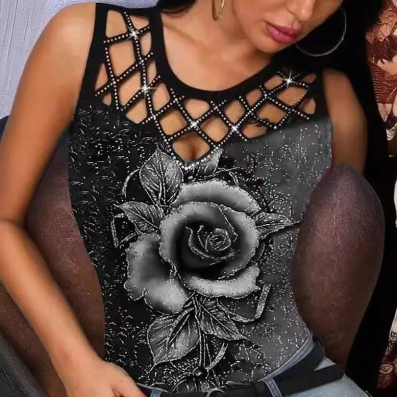 Letni damski t-shirt bezrękawnik z wcięciem wydrukowane bluzki modny okrągły dekolt bez rękawów różany kwiat wielokolorowy podkład damski — zdjęcie 4