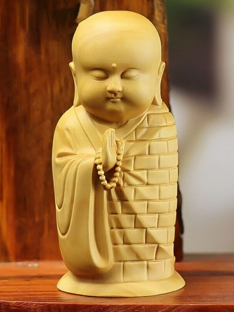 

Boxwood Carved Little Monk Boy Statue Figurine Kasaya Buddhism Zen Decor