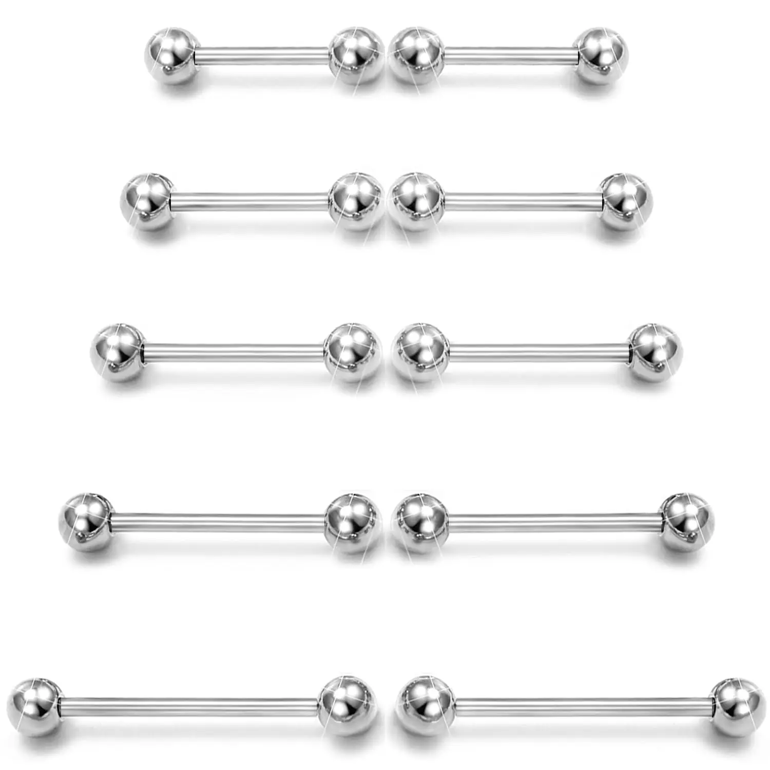10pcs 14G Surgical Steel Straight Barbell Tongue & Nipple Rings for Women & Men Length 12mm/14mm/16mm/18mm/22mm Piercing Jewelry