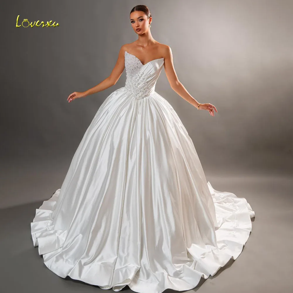 

Loverxu A-Line Matte Satin Wedding Dresses Strapless Vestido De Novia Lace Beaded Pearls Elegant Custom Made Bridal Gowns