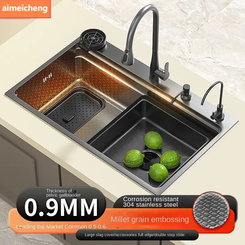 

304 Stainless Steel Kitchen Sink BLACK Large Single Slot Wash Basin Nano Dishwashing Undermount Sink Left side drainage