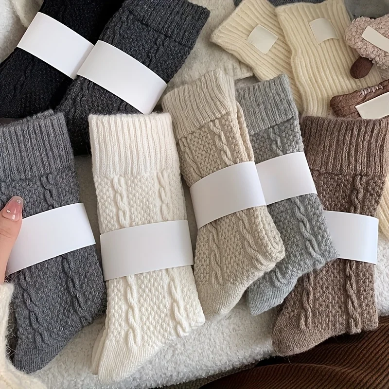 5 Pairs Women's Thick Knitted Winter Socks, Warm Cozy Cable Knit Socks, Soft Thermal Socks for Cold Weather Foot Protection