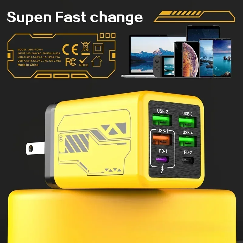 

240W 6 Ports Mobile Phone Charger 4USB+2Type C Super Fast Charging USB3.0 PD3.0 EU/UK/US Charger for iPhone Samsung Huawei