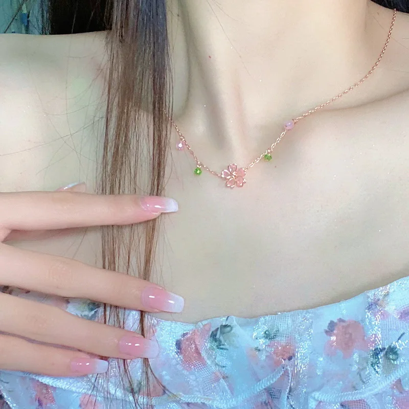 Romantic Cherry Blossoms Flower Necklace For Women Shiny Crystal Zircon Butterfly Flower Pearl Clavicle Chain Girl Party Jewelry image 6
