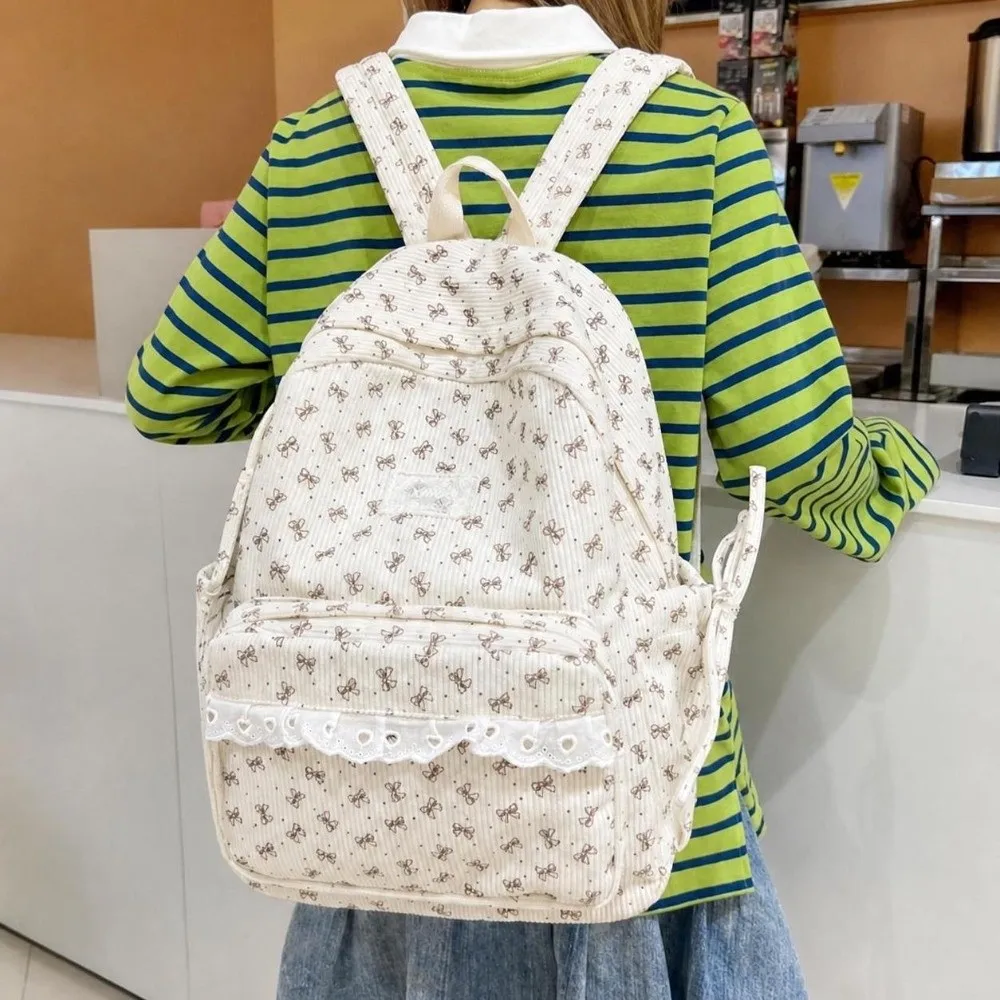 Cute Korean Style Corduroy Backpack Bow Knot Polka Dot Pattern Large Capacity Student Backpack Lace Edge Preppy Style School Bag