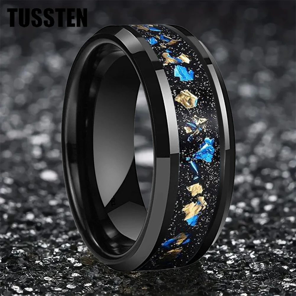 TUSSTEN 6/8MM Black Tungsten Ring for Men Women Blue Gold Foil Inlay Wedding Band Beveled Edges Polished Shiny