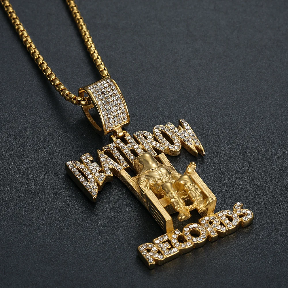 Hip Hop Zircon Iced Out Pendant Necklace DEATH ROW RECORDS Stainless Steel 18K Gold Plated Crystal Jewelry for Men Gift