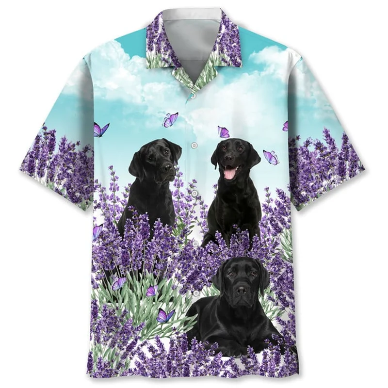 Lavender Dogs Pattern Hawaiian Shirt For Men Fashion 3d Printed Animal Shirts Summer Street Short Sleeves Lapel Button Blouse