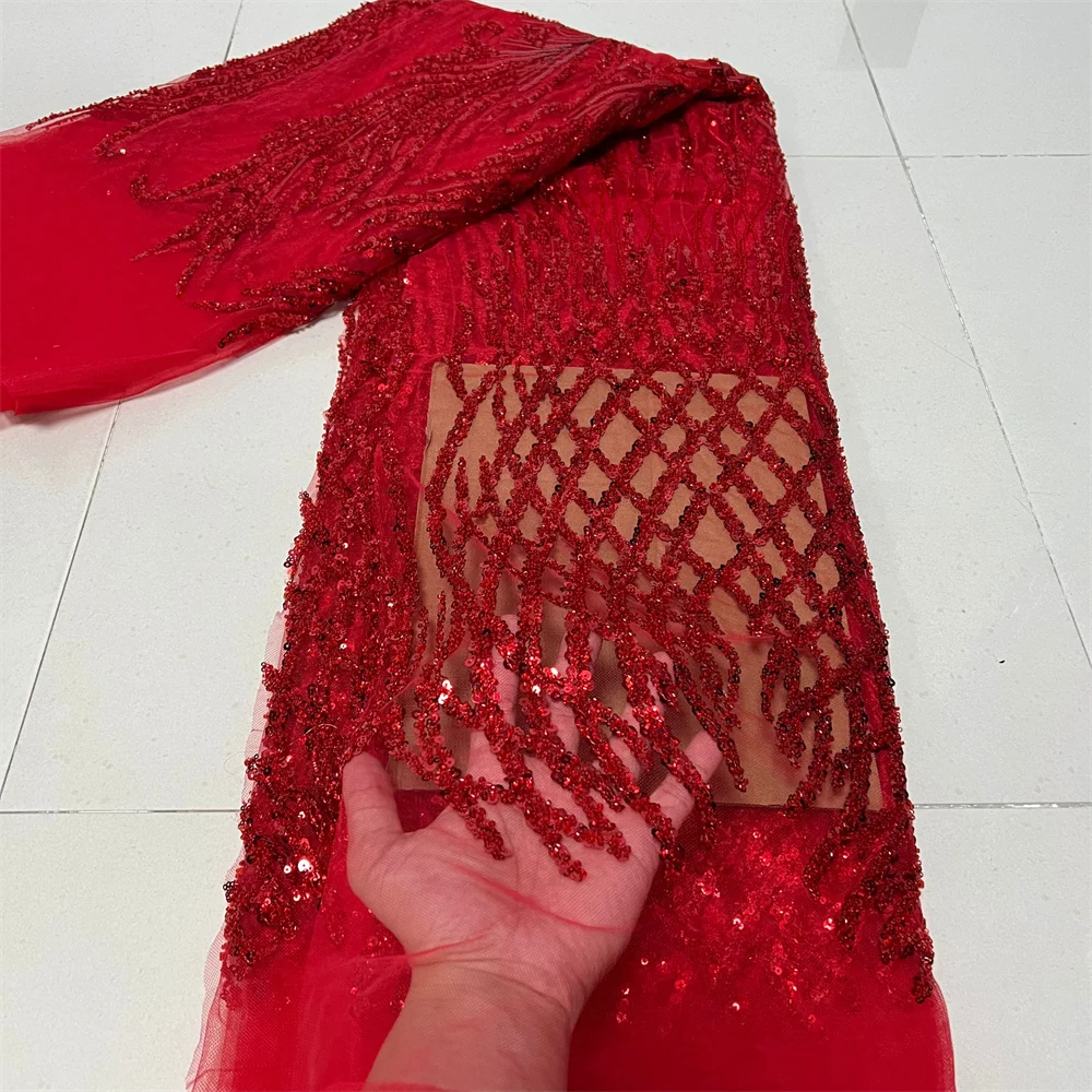 

2025 High Quality African Nigerian Sequins Embroidery Tulle Lace Fabric Beads Stone Prom Dresses Sewing Guipure 5 Yards ZJ088