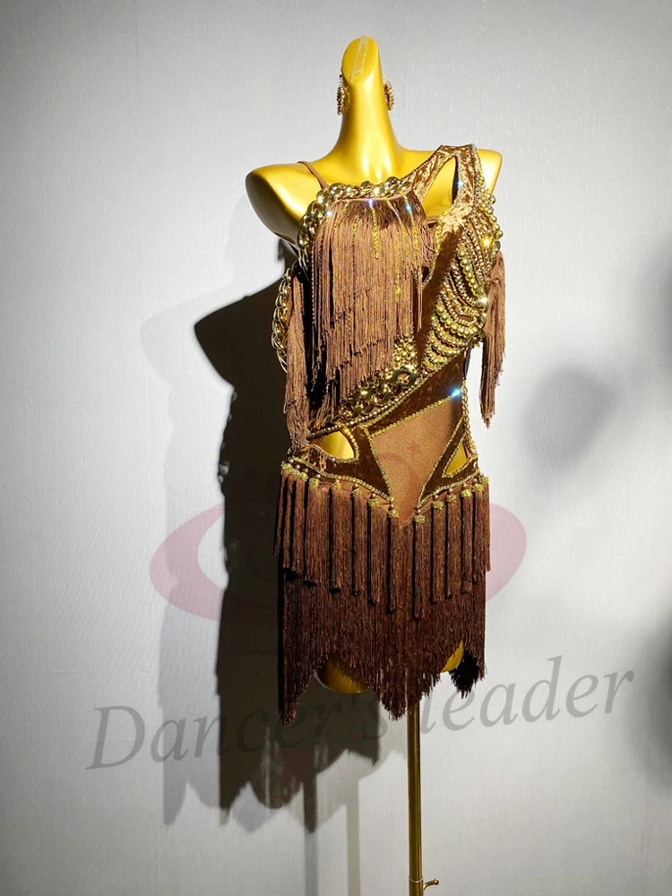 Bailarina latina, vestido de borla de perlas doradas personalizado de alta gama para adultos y niños, vestido de actuación de piedra Tango Samba AB