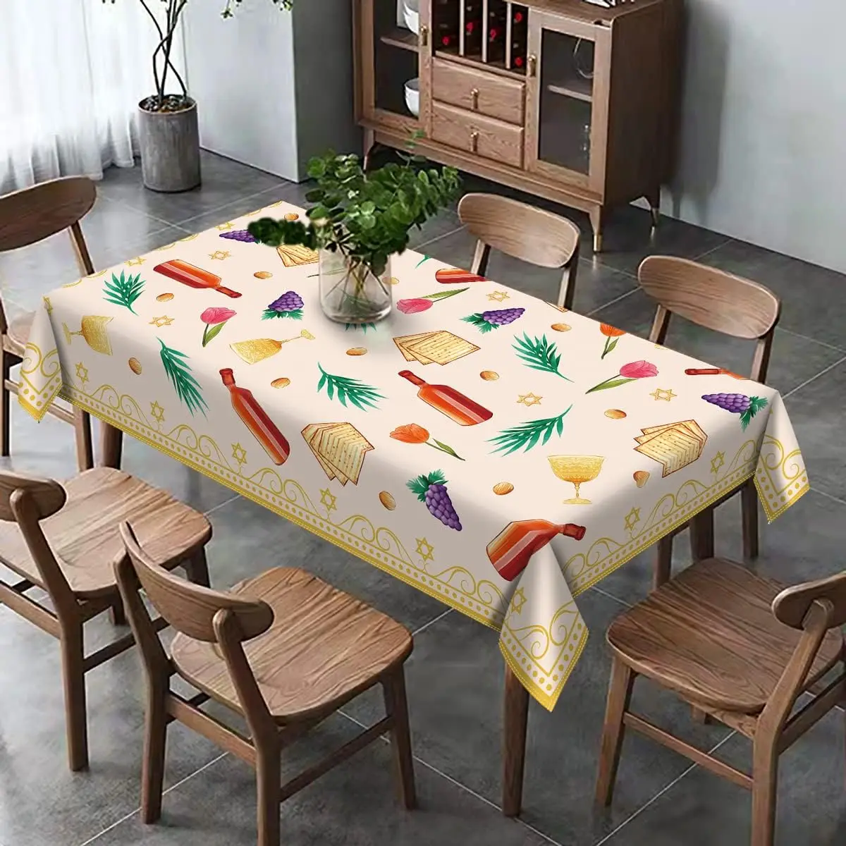 Passover Tablecloth Matzo Red Wine Pesach Jewish Festival Table Cover Washable Kitchen Dining Table Cloth Passover Decorations