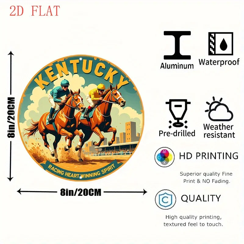 2D Flat - 8-Inch Round Aluminum Sign Featuring Kentucky Horse Racing with Jockeys And Thrilling Action, Perfect for Holiday Gift