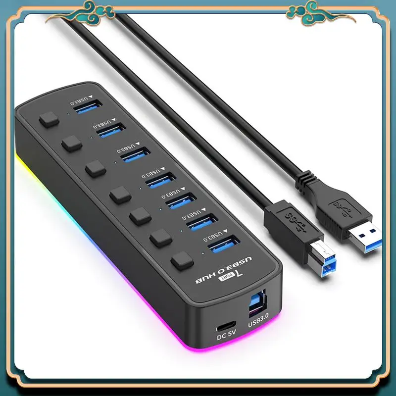 (New)-RGB USB 3.0 Hub 7 Ports USB Port Adapter 5Gbps Individual On/Off Switch Splitter Gaming USB Hub For Laptop PC Computer