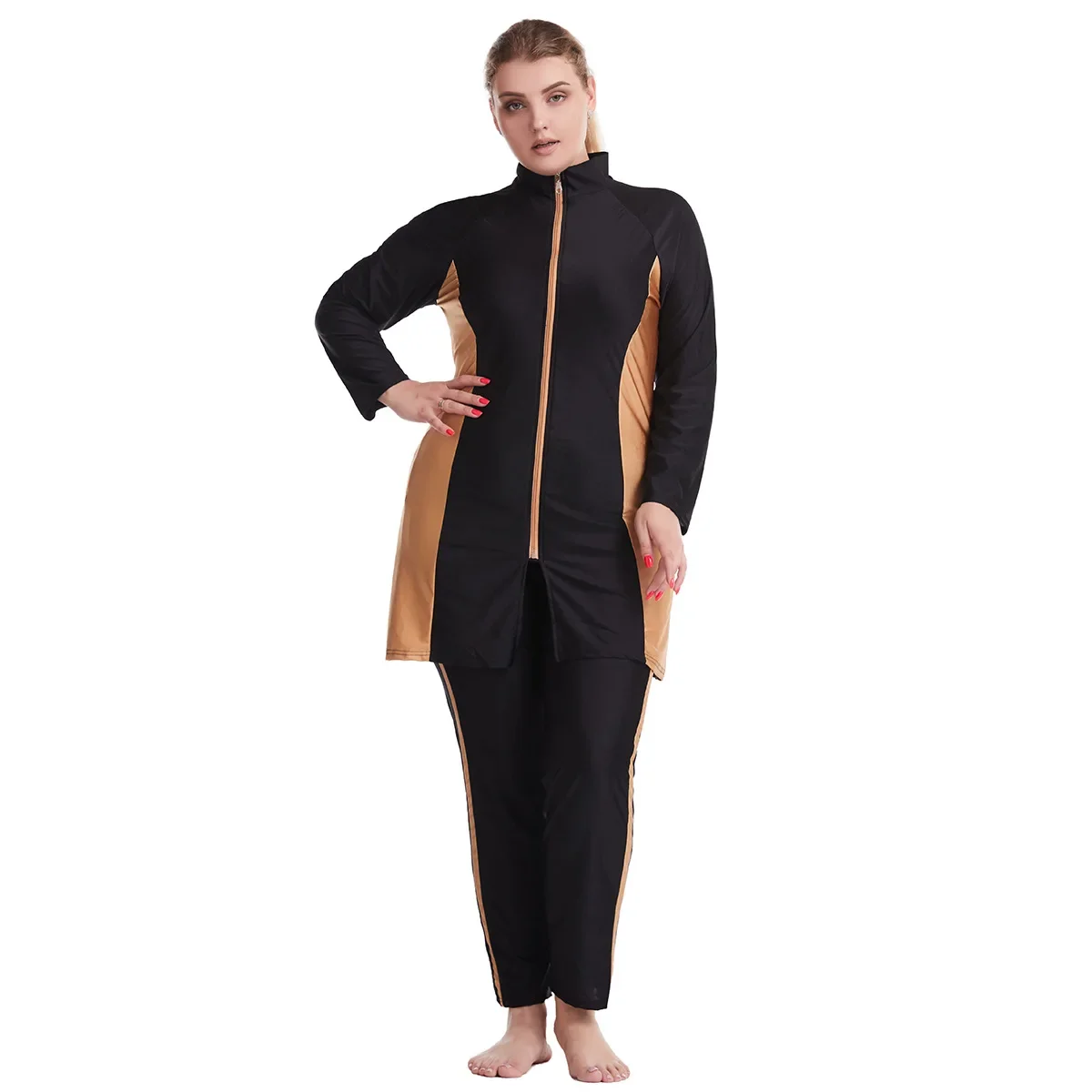 3pcs Set Muslim Lady Swimwear Long Sleeve Soft Round Collar Zip Bathing Suit Women Full Cover Swimsuits Burkini Clothing