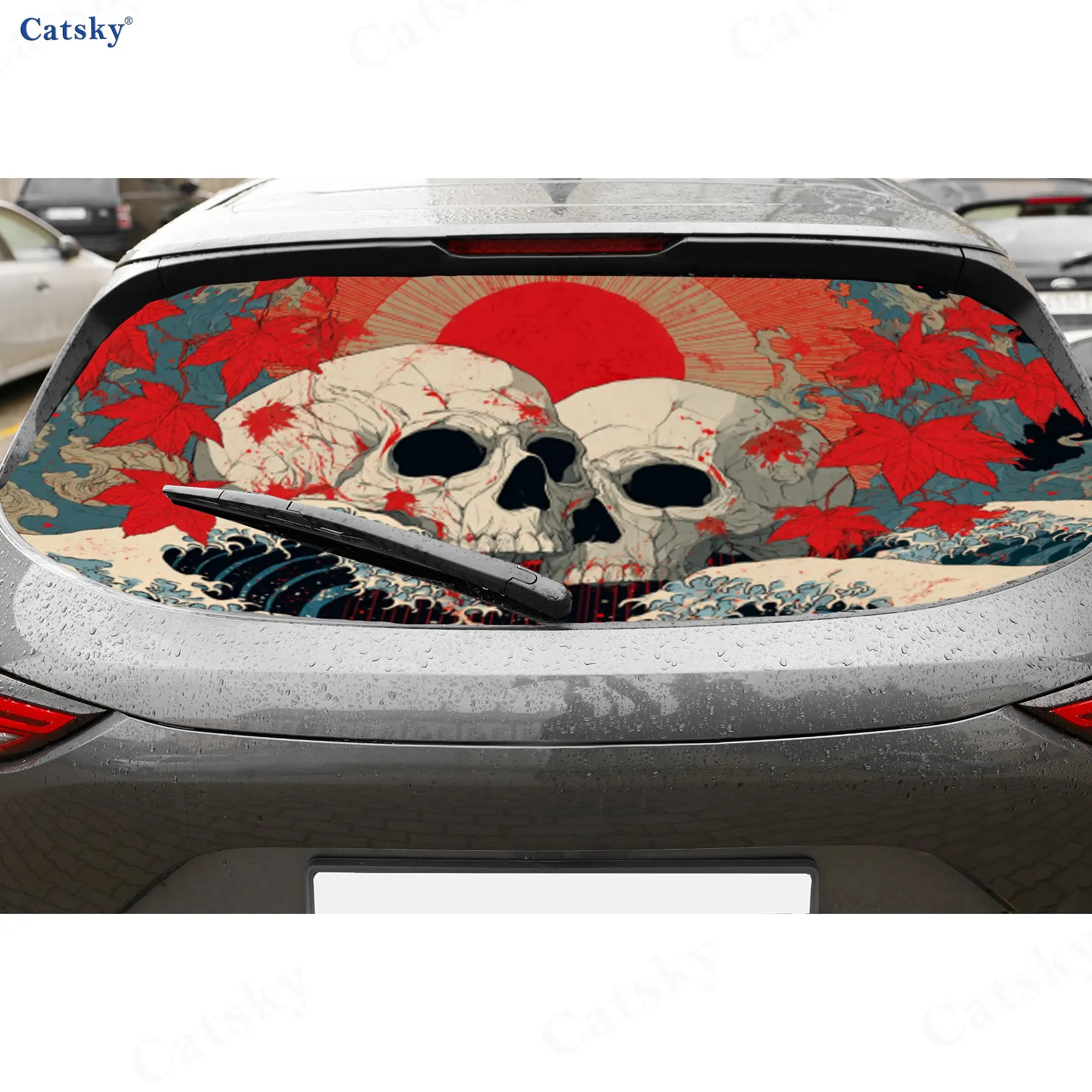 

Виниловые наклейки на автомобиль в японском стиле с изображением черепа и кленового листа, перфорированные, из ПВХ, прочные наклейки на лобовое стекло автомобиля, водонепроницаемые наклейки на автомобильные окна