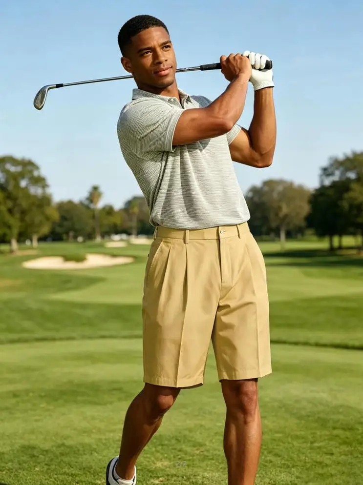 Men's Shorts Casual Pleated Dress Elastic Waist Multi Pockets Classic-Fit Golf Shorts for Men Cotton Summer Formal Shorts Sports