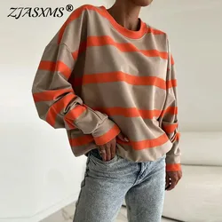 Y2K Hoodies Casual Striped Print Sweatshirts Woman Fall Round Neck Loose Top Pullover 2024 Winter Long Sleeve T-shirt Sweatshirt