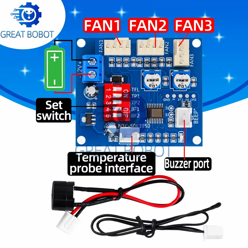 CPU Fan Temperature Governor, 12V 5A PWM Speed Controller with Overheat Alarm & 50K B3950 Thermistor