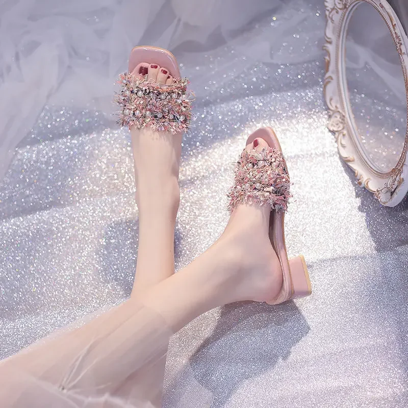 

2025 Female Shoes Ladies' Slippers Luxury Slides Square Heel Flowe Flat Designer Block Fashion Floral Flat Shoes Female Woman's