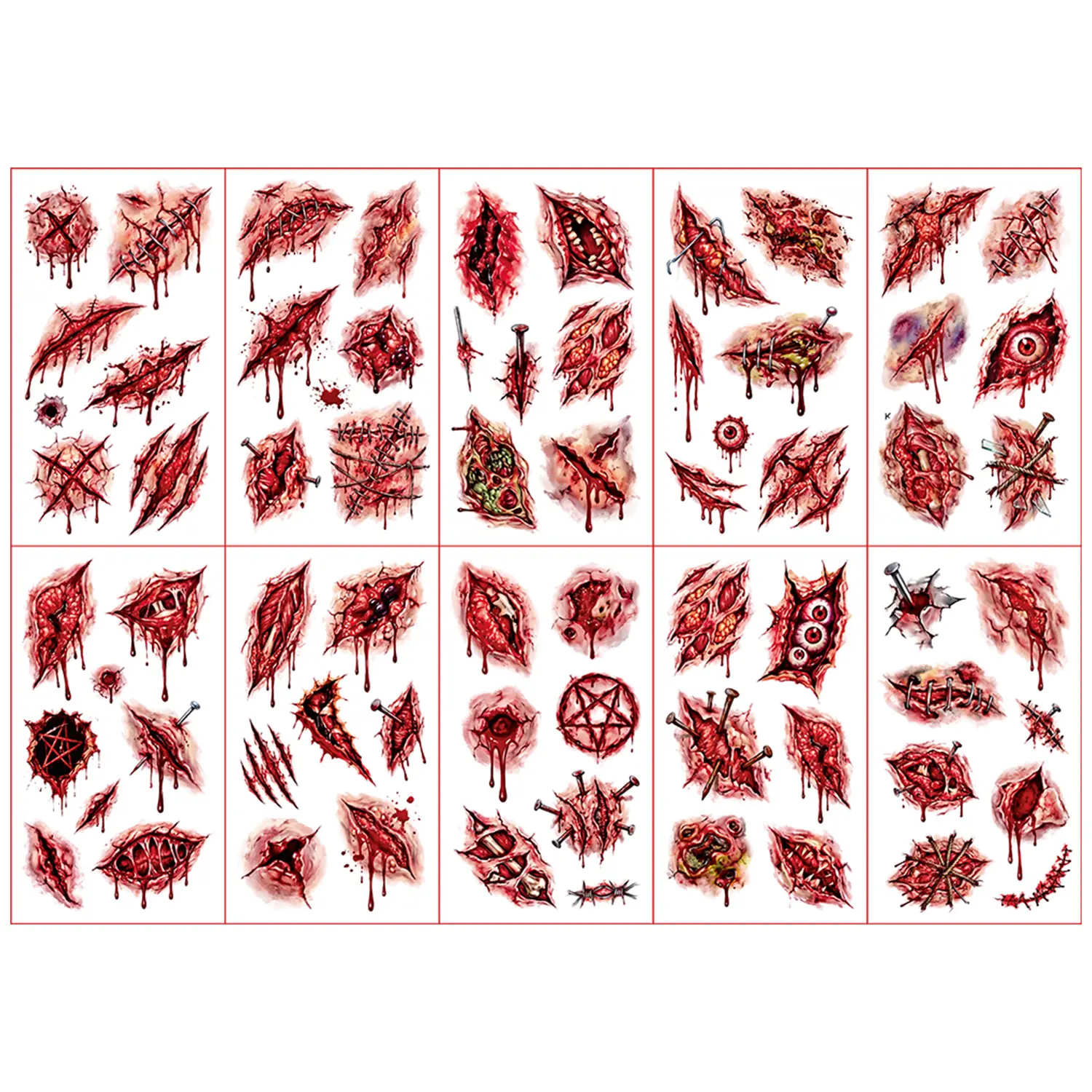 10 Sheets of 70 Halloween Horror Bloody Wound and Scar Series Pattern Temporary Tattoo Stickers