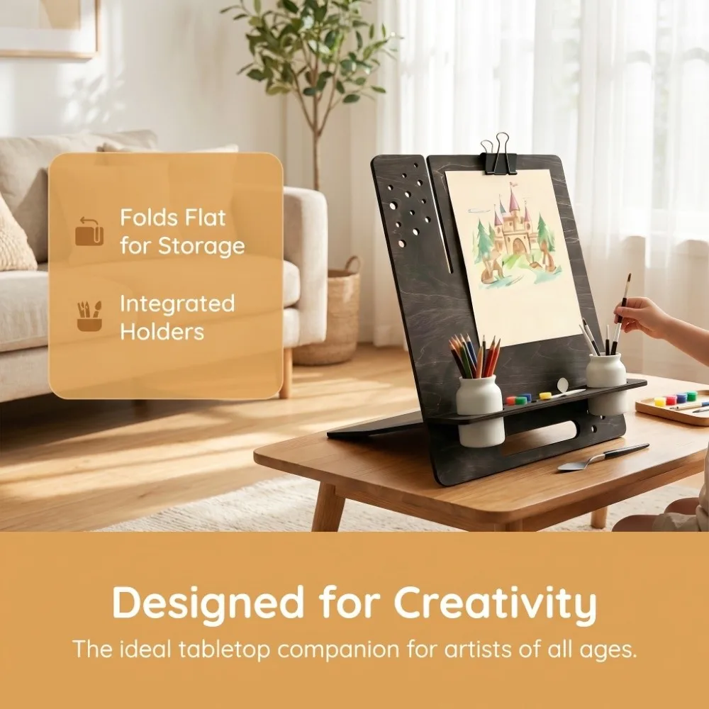 Multifunctional Wooden Table Easel Ornament Decorative Rack with Tool Storage Art Sketch Stand with Pen Holder Steadying Sturdy