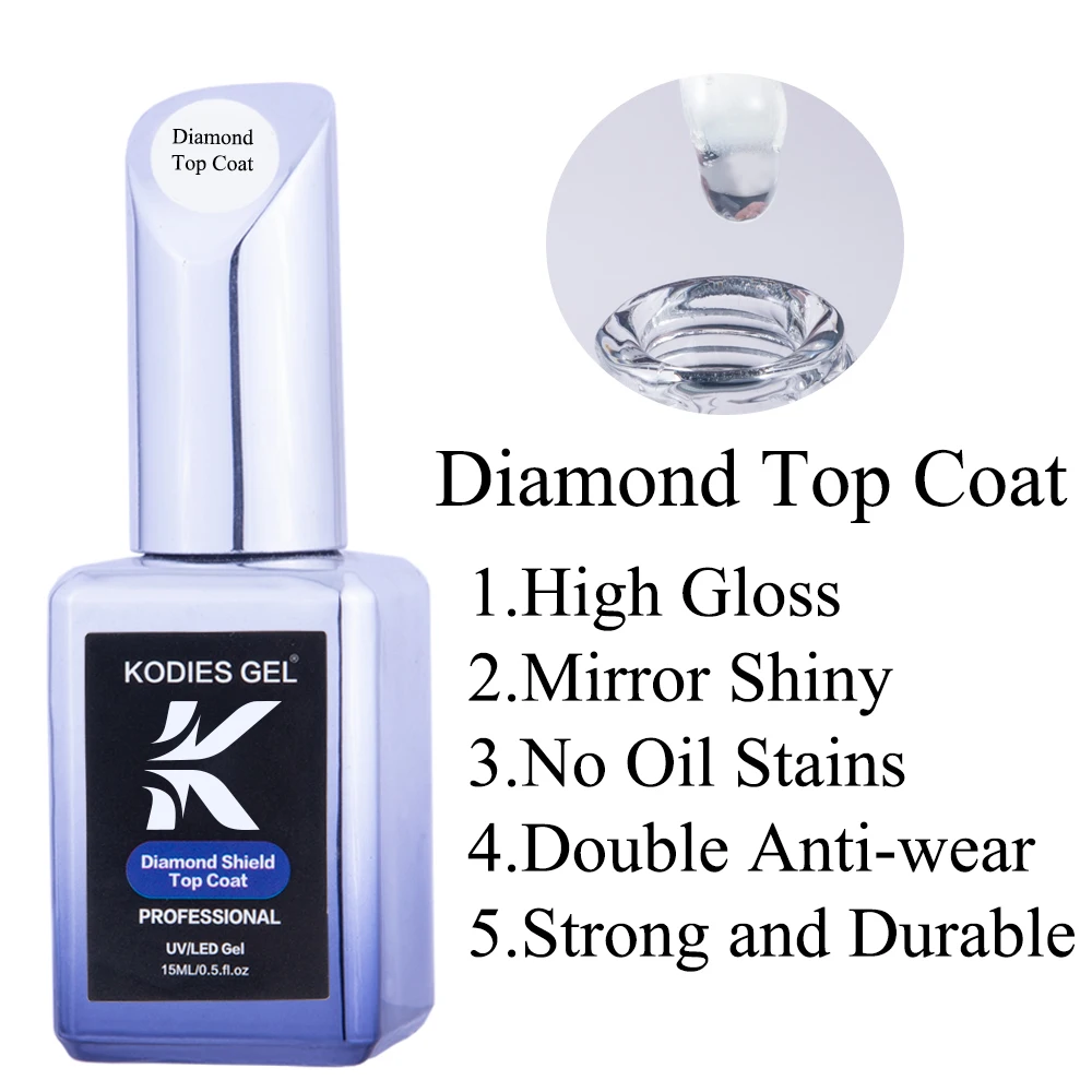 KODIES GEL Diamant Top Mantel Keine Wischen 15ml Schild Semi Permanent UV Gel Nagellack Super Glanz Decklack Alle für Maniküre Nail art