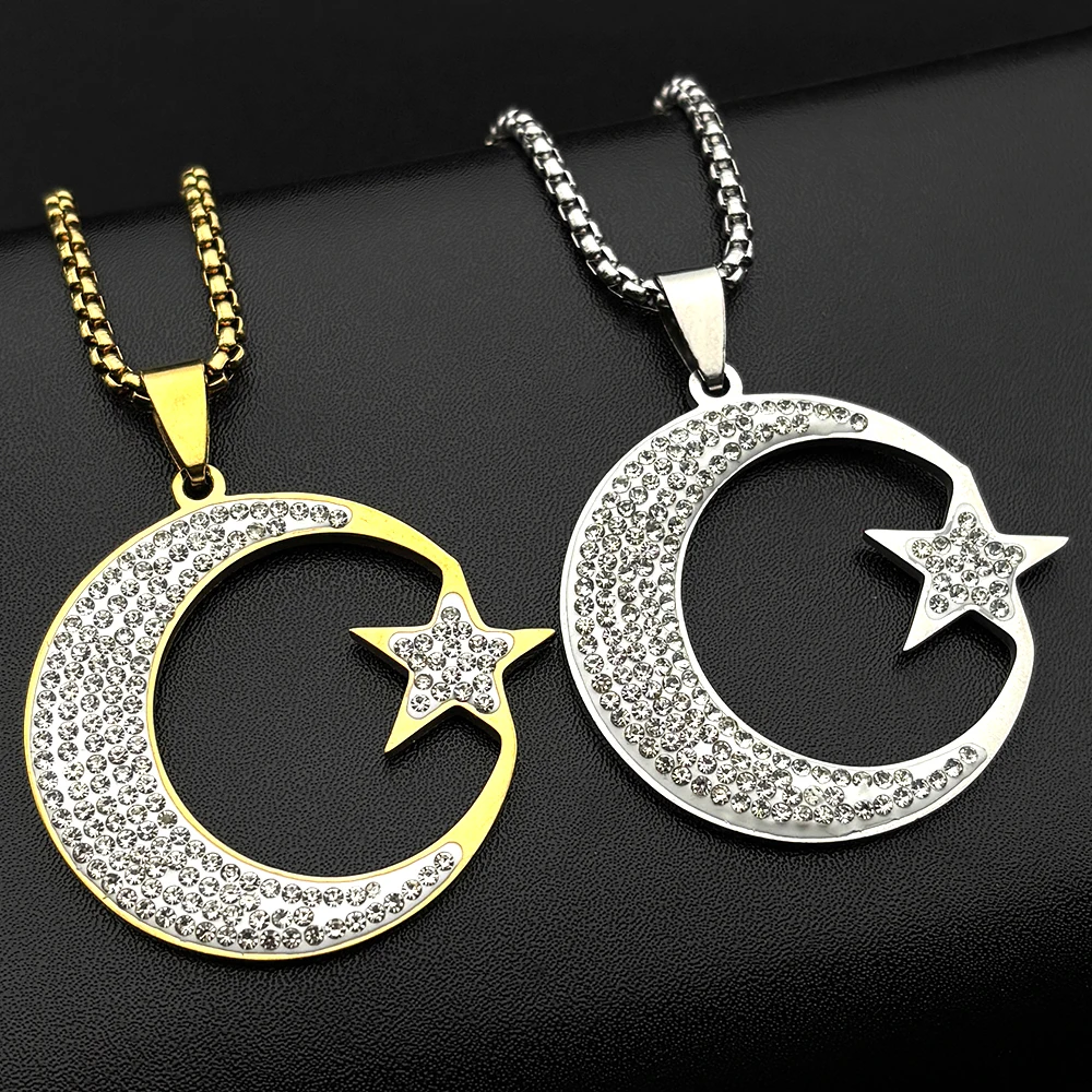 Vollständig mit Strass Besetzte Stern- und Halbmond-Halsketten für Damen und Herren, Edelstahl Spirituelle Figur Gesicht Amulett Anhänger Kette Schmuck
