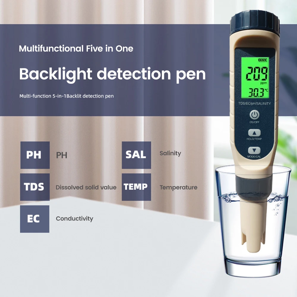 

5 In 1 Digital PH TDS EC Meter Salinity Temperature Tester Conductivity Water Filter Purity Pen with Backlight